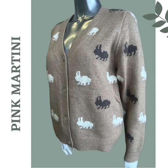 Pink Martini Gia Sweater Button Front V Neck  Cardigan Rabbit Print Size XS - Picture 3 of 5